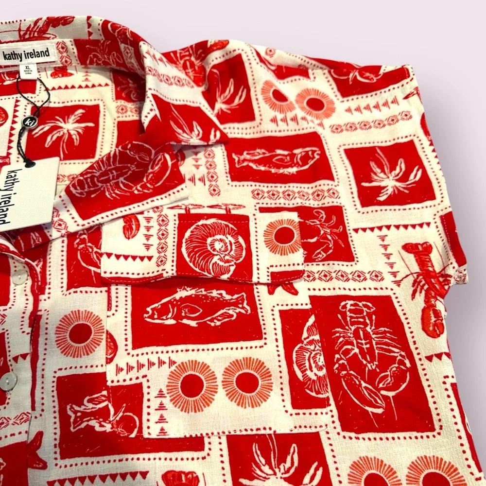 Kathy Ireland Red and White Nautical Lobster Seafood Patterned Shirt - Picture 5 of 7